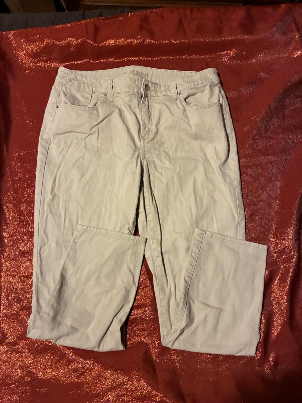 Platinum Pants Womens 15 Ankle Embroidered Back Pockets Beige Cotton Blend